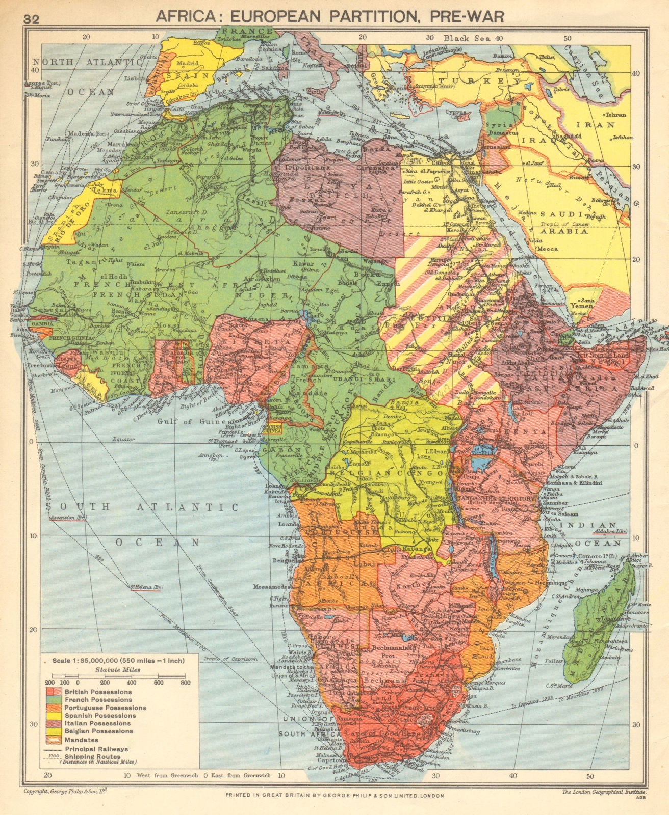 Pre-SECOND WORLD WAR AFRICA. European colonies & German mandates 1942 old map